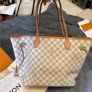 Louis Vuitton Designer Checkered Tote Bag - Brown and Cream